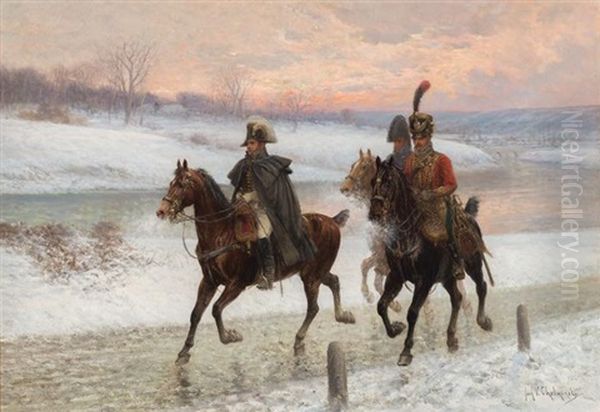 Napoleon And Two Of His Marshalls, Mounted, On The Retreat From Moscow Oil Painting by Jan van Chelminski