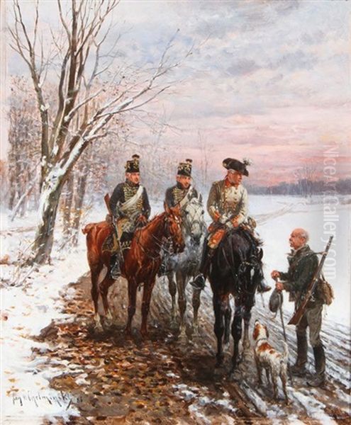 Hussars Questioning A Hunter In A Winter Landscape Oil Painting by Jan van Chelminski