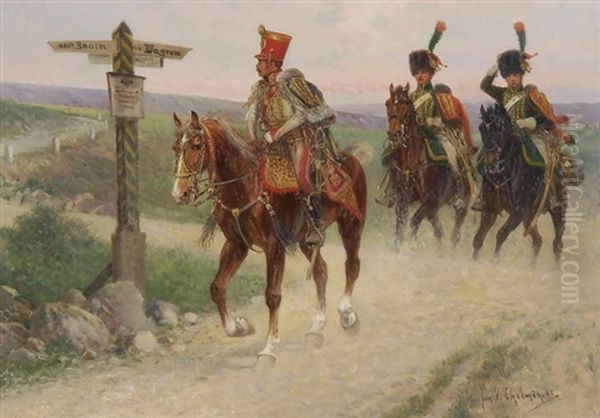 Napoleonische Husaren An Einer Wegkreuzung Oil Painting by Jan van Chelminski