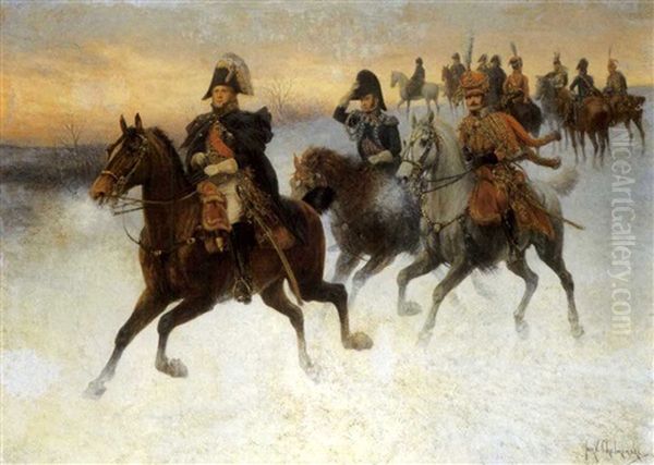 Le Marechal Ney Et Napoleon Et Leurs Troupes Pendant La Campagne De Russie Oil Painting by Jan van Chelminski