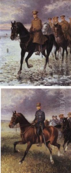 The Four Generals Of World War I: General John J. Pershing; Marshall Joffre; Field Marshall Sir Douglas Haig And Marshall Foch, Each With Their Staff Of Generals Oil Painting by Jan van Chelminski