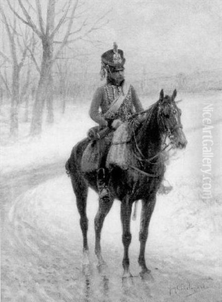 Officer On Horseback In A Winter Landscape Oil Painting by Jan van Chelminski