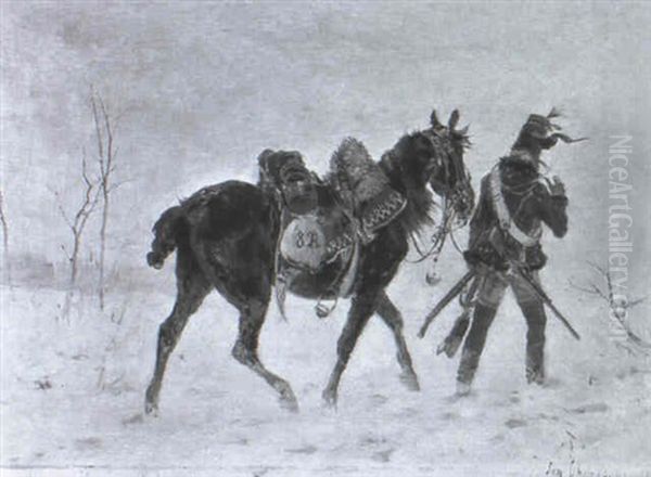 Kavallerist Mit Pferd In Winterlandschaft Oil Painting by Jan van Chelminski