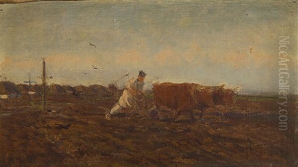 Ploughing Oil Painting by Josef Chelmonski