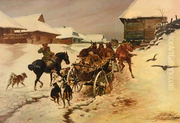 Carts Going Thru A Village In Winter Oil Painting by Josef Chelmonski