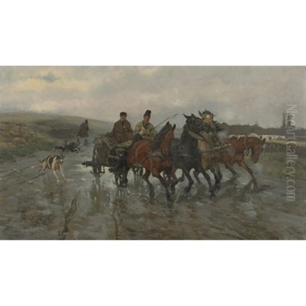 Four Horse Wagon On A Rainy Day Oil Painting by Josef Chelmonski