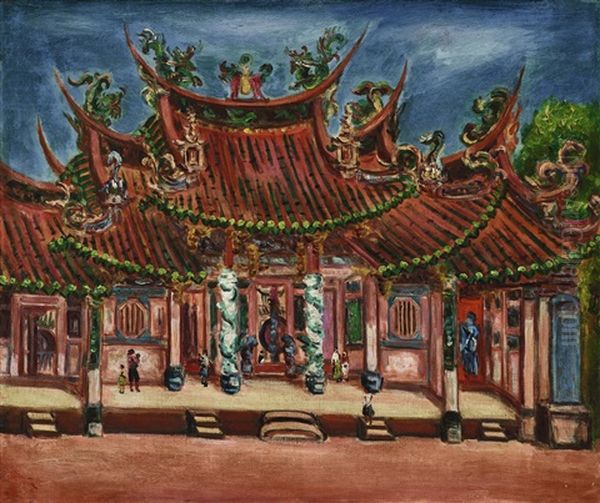 In Front Of The Temple (changhua Nanyiao Temple) Oil Painting by  Chen Cheng-Po