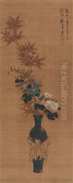 Flower In Vase Oil Painting by  Chen Hongshou