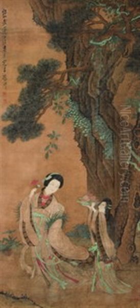 Ladies Under A Pine Tree Oil Painting by  Chen Hongshou