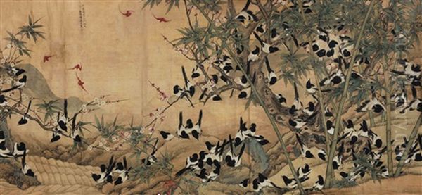 Great Happiness Auspicious Bats And Magpies Oil Painting by  Chen Kanghou