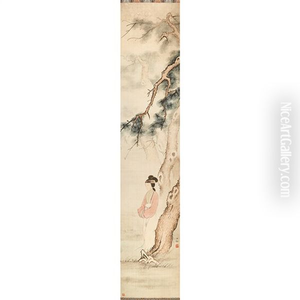 Hanging Scroll, Female Beneath Pine Oil Painting by  Chen Shaomei