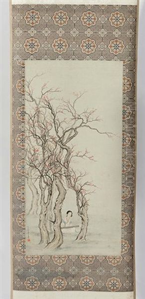 Lady Playing A Lute Under A Pink Blossom Tree Oil Painting by  Chen Shaomei