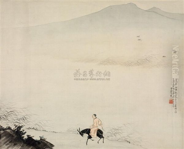 Riding A Donkey Along The Bank Of Lake Oil Painting by  Chen Shaomei