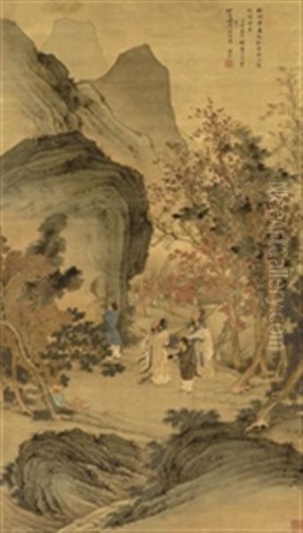 Inscribing A Rock, In The Style Of Zhao Qianli Oil Painting by  Chen Yin