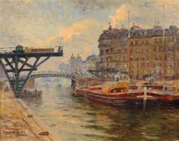 Paris, Le Canal Saint Martin Oil Painting by Georges Chenard-Huche