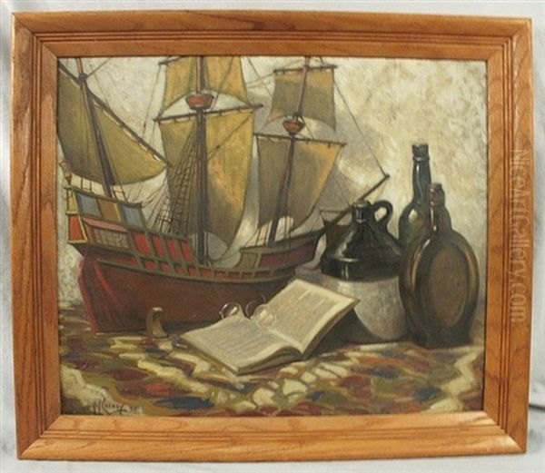 Still Life With Model Boat And Bottles Oil Painting by Harold W. Cheney