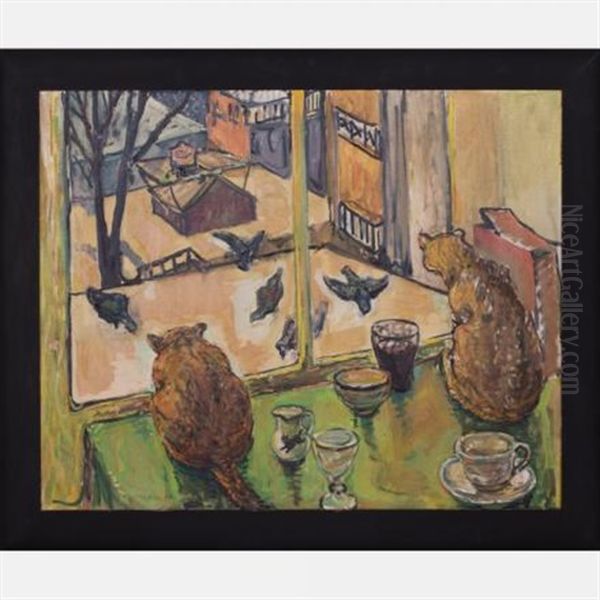 Two Pinckey St. Cats/pigeons On The Roof Aloof Oil Painting by Russell Cheney