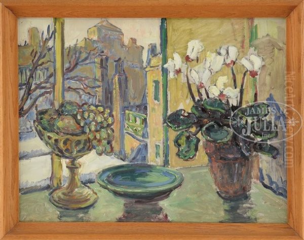 Two Works: Still Life With City View Beyond & Still Life With Iris And Geranium Oil Painting by Russell Cheney