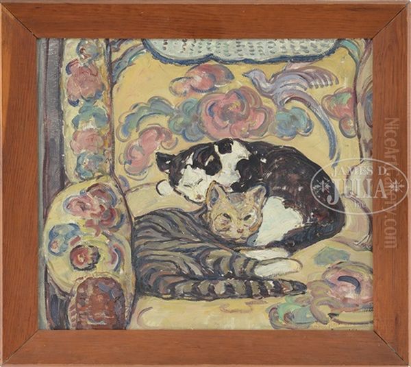 Two Works: Kittens In Arts And Crafts Interior & Still Life With Peonies Oil Painting by Russell Cheney