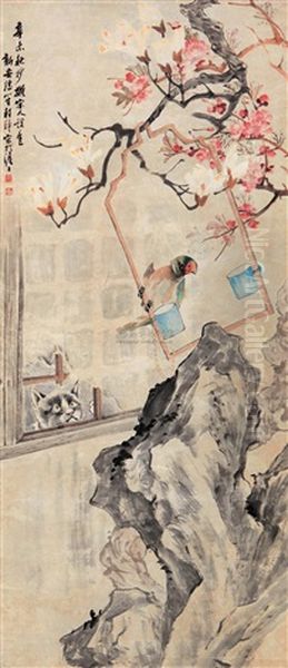 Cat And Yulan Magnolia Oil Painting by  Cheng Zhang