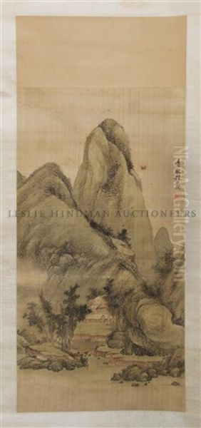 A Foliate Covered Mountain Above A Small Structure And A Lake Oil Painting by  Cheng Zhengkui