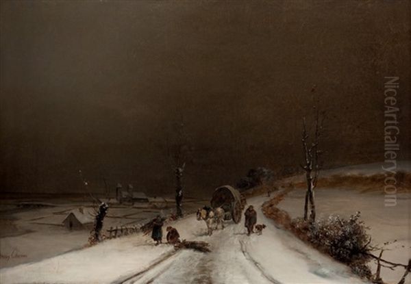 La Caleche Sous La Neige Oil Painting by Augustin Pierre Bienvenue Chenu