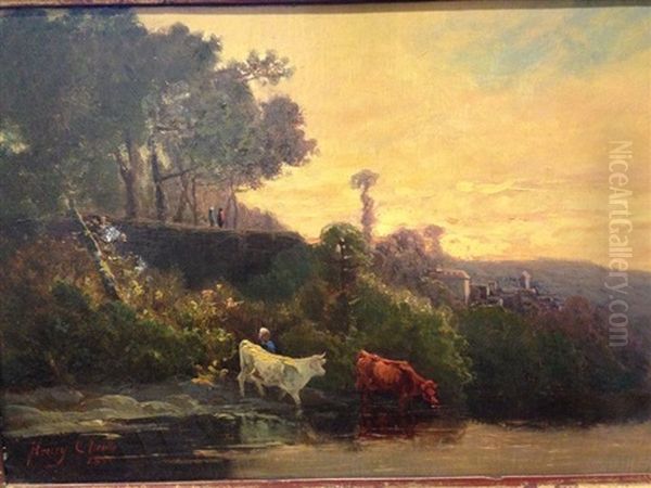 Vaches Au Bord Du Fleuve Oil Painting by Augustin Pierre Bienvenue Chenu