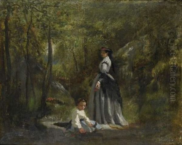 Femme Et Son Enfant Dans Un Sous Bois Oil Painting by Augustin Pierre Bienvenue Chenu