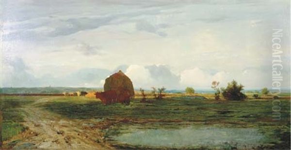 Cattle Grazing In A Pasture Oil Painting by Augustin Pierre Bienvenue Chenu