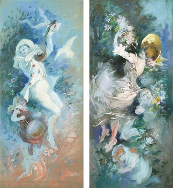 Pierrot And Columbine Oil Painting by Jules Cheret