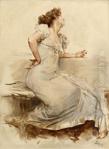 Femme En Robe Blanche Oil Painting by Jules Cheret