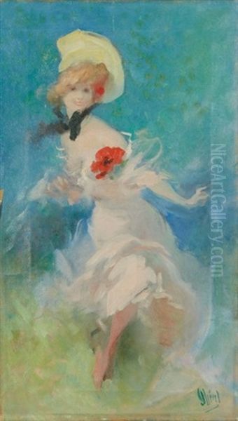 Femme Au Coquelicot Oil Painting by Jules Cheret