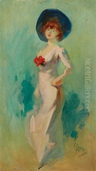 Portrait De Dame En Robe Rose, La Baronne Vitta Oil Painting by Jules Cheret