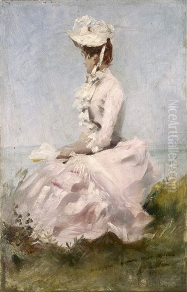 Femme En Robe Rose, Assise Regardant La Mer Oil Painting by Jules Cheret