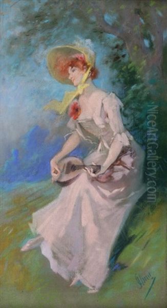 Femme A La Mandoline Oil Painting by Jules Cheret