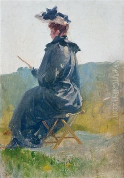 Femme Lisant Sur Un Pliant Oil Painting by Jules Cheret