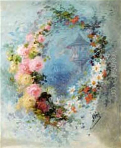 Pigeonnier Dans Une Guirlande De Fleurs Oil Painting by Jules Cheret