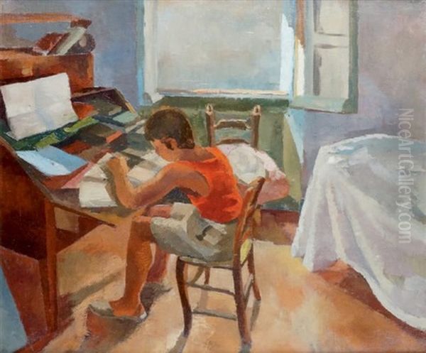 Jeune Garcon A Son Bureau Oil Painting by Georges Cherkesov