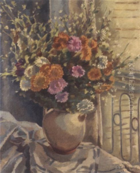 Vase Of Flowers By A Balcony Oil Painting by Georges Cherkesov