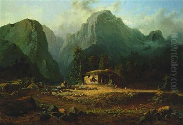 Motiv Aus Dem Kaukasus (ein Dukhan Am Fuse Des Heiligen Kvishensky Berges And Der Georgischen Militarstrase) Oil Painting by Nikanor Greigor'evich Chernetsov