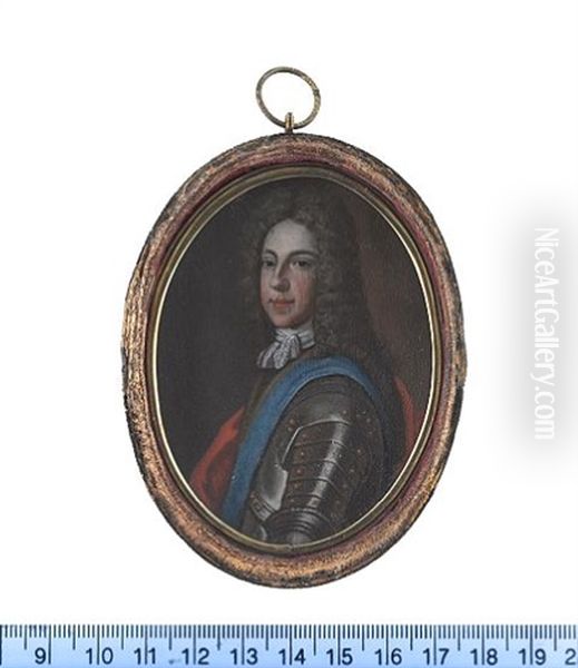 James Francis Edward Stuart, The Old Pretender, Wearing Suit Of Armour, Blue Sash Of The Order Of The Garter Over His Left Shoulder, White Lace Stock And Cravat, Red Mantle Oil Painting by Marie-Anne Belle Cheron