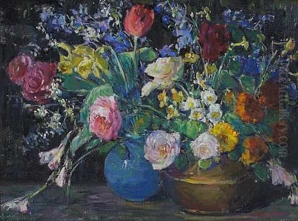 A Still Life With Roses, Daffodils And Other Flowers In Two Vases Oil Painting by Kathryn E. Bard Cherry