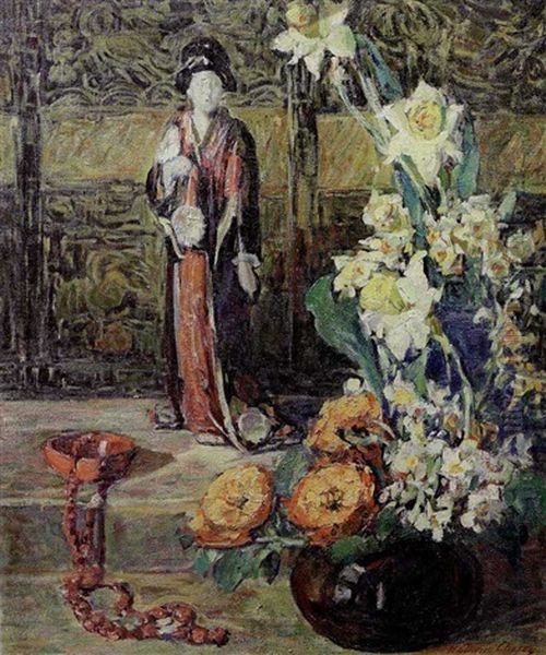 Still Life With Asian Figurine And Vase Of Flowers Oil Painting by Kathryn E. Bard Cherry