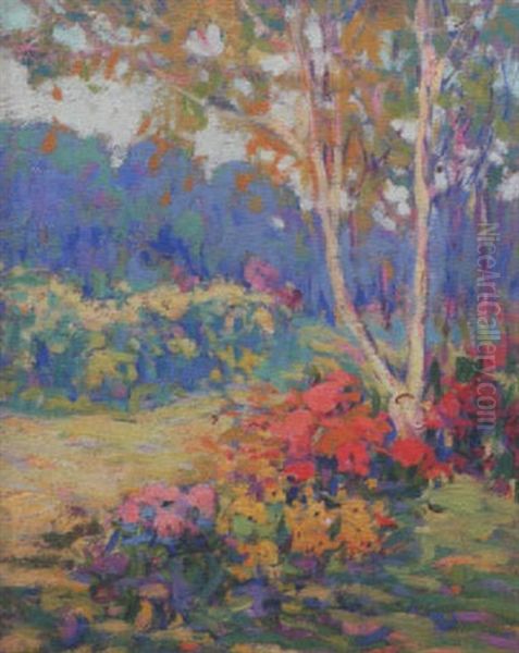 Landscape With Blooming Flowers And Trees Oil Painting by Kathryn E. Bard Cherry