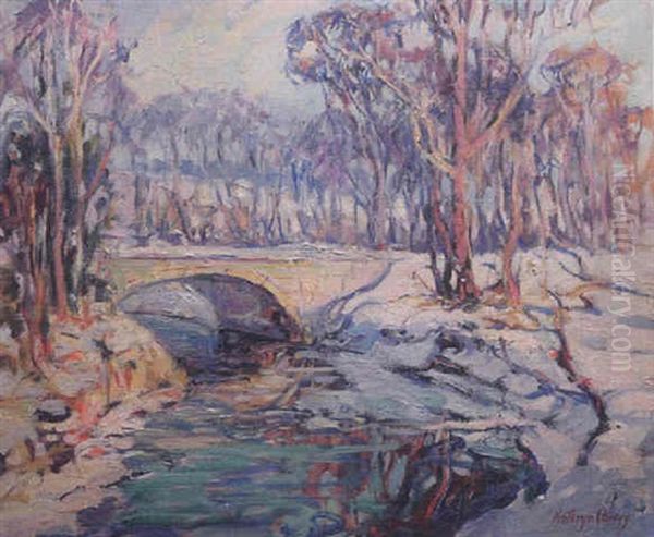 Winter Scene With Bridge Oil Painting by Kathryn E. Bard Cherry