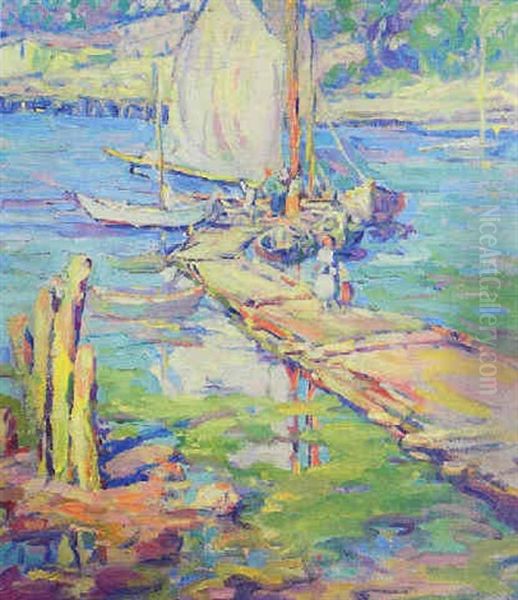 Harbor Scene With Figures On A Dock Oil Painting by Kathryn E. Bard Cherry