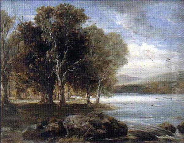 Trees On A Riverbank Oil Painting by George F. Chester