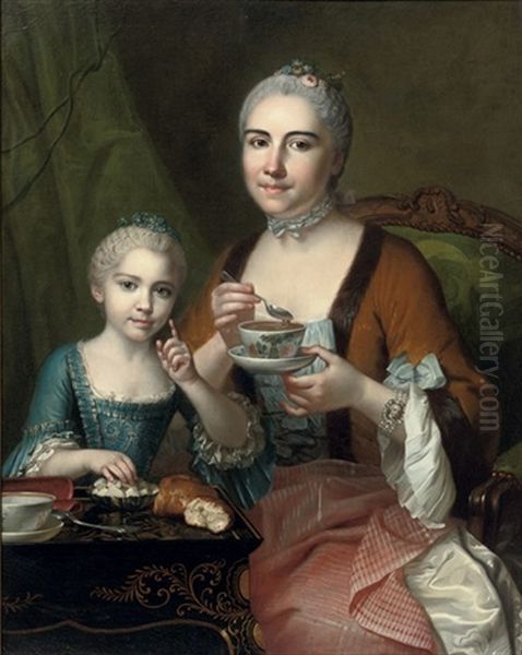 Portrait Of An Elegant Lady And Her Daughter, Drinking Hot Chocolate by Jean Chevalier