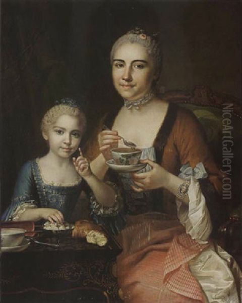 A Portrait Of An Elegant Lady And Her Daughter Drinking Coffee Oil Painting by Jean Chevalier