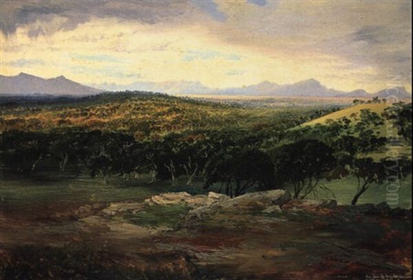 View From The Rocky Hill Near Cavendish, Mt. Abrupt And The Sierra Ranges Oil Painting by Nicholas Chevalier